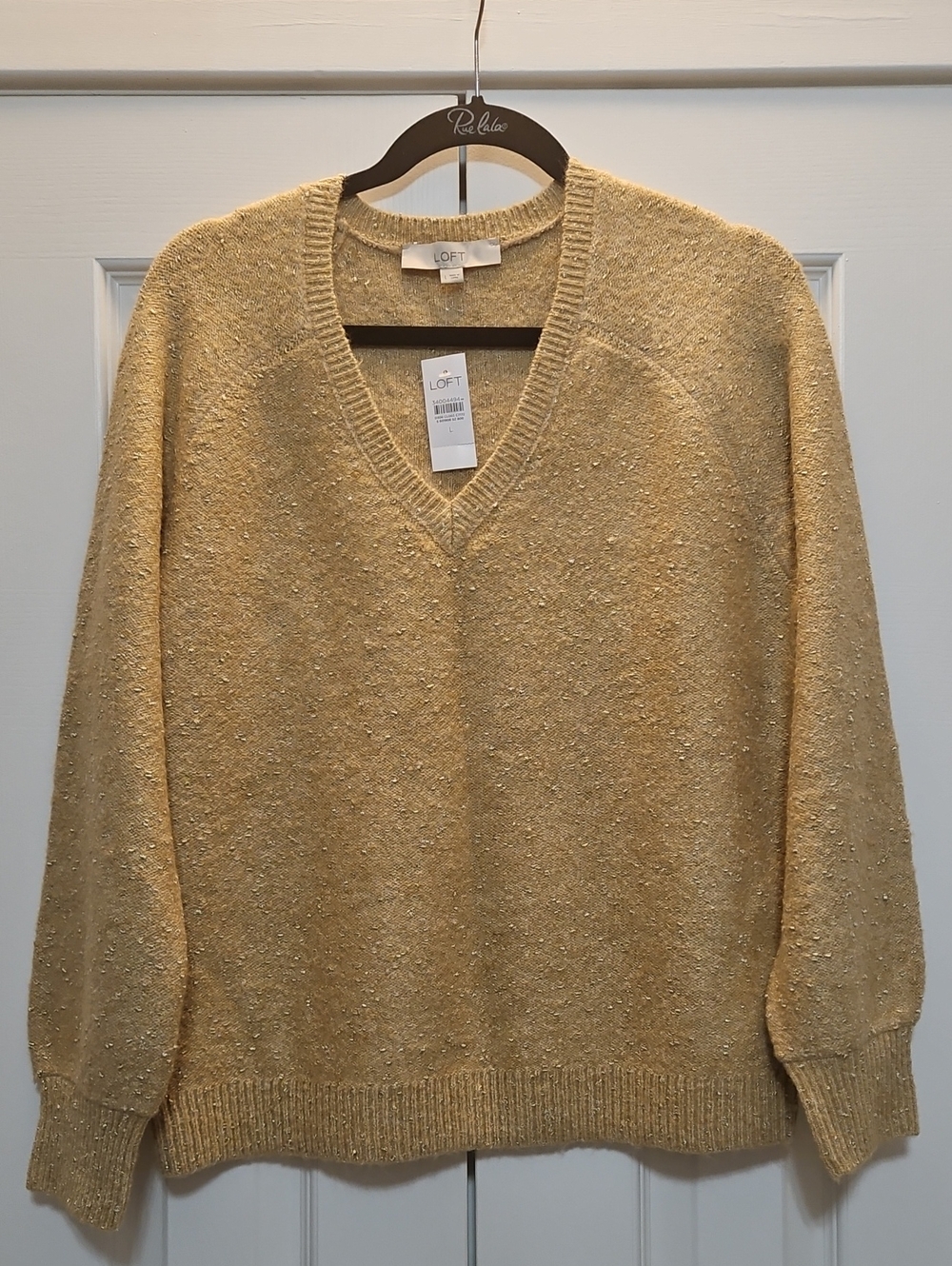 LOFT V-neck Sweater Tan & Gold Metallic Shimmer Womens Large NEW